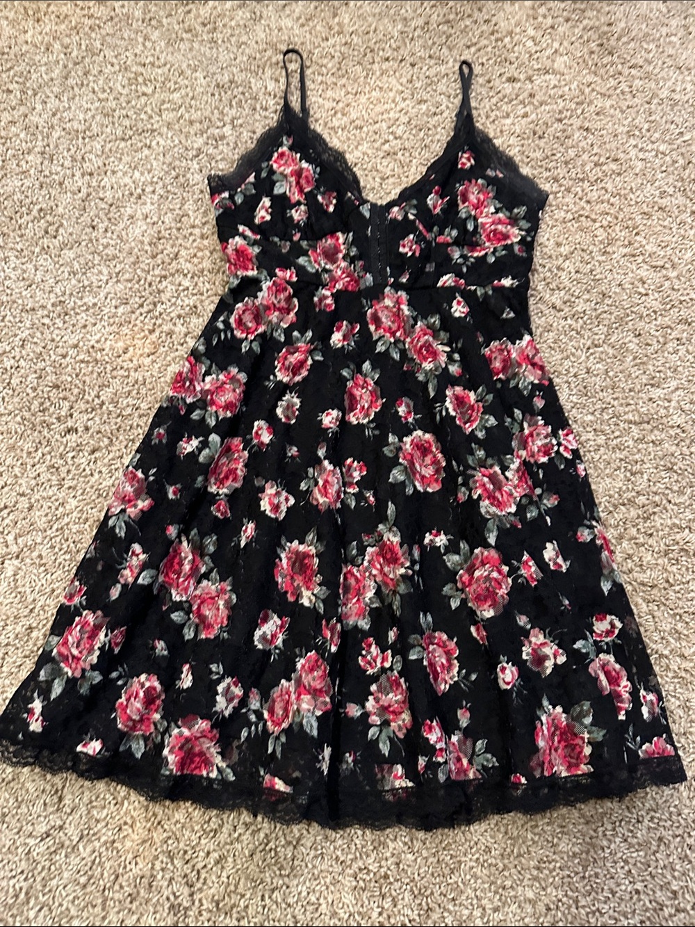 Y2K Betsey Johnson Babydoll Black Dress  Pink Rose Print and Lace Grunge